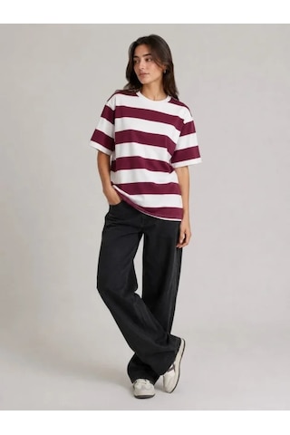 Efnaz Style Çizgili Oversize Tişört Bisiklet Yaka Kısa Kol Yazlık T-shirt - Bordo