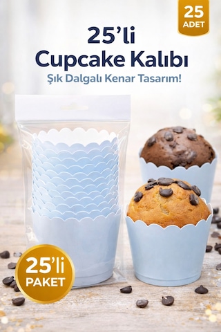 25 Li Dalgalı Kenar Cupcake Muffin Kalıbı Mavi Kek Kapsülü Mavi