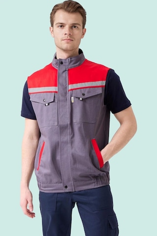 İş Yeleği Gabardin Kumas Yazlık Grikırmızı Reflektörlü Royal Hafif Nefes Alabilir Çok Cepli Gri-kırmızı