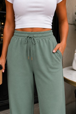 Cedy Denim Yüksek Bel Palazzo Pantolon Sentetik Kumaş Dökümlü Geniş Paça C652 Yeşil