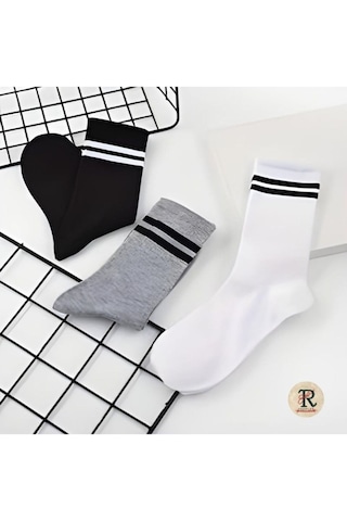 Trampler Unisex 6 Çift Çemberli Gri Siyah Beyaz Uzun Kolej Tenis Çorap Çok Renkli