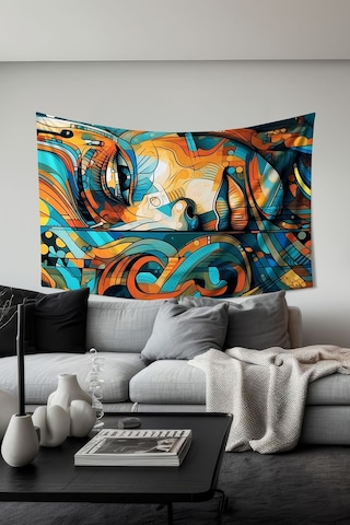 Renkli Soyut Yüzler Desenli Duvar Halısı Duvar Örtüsü Tapestry Süet Dokulu Kumaş