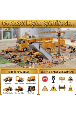 64 Parça Dev İnşaat Şantiye Seti: Sesli Işıklı Açılır İş Makineli Vinçli Aksesuarlı Şantiye Seti