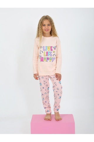 Kız Çocuk Uzun Kollu %100 Pamuklu Pijama Takımı Happy Life SOMON