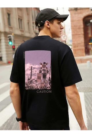 Erkek Siyah Oversize Caution Baskılı T-shirt Siyah