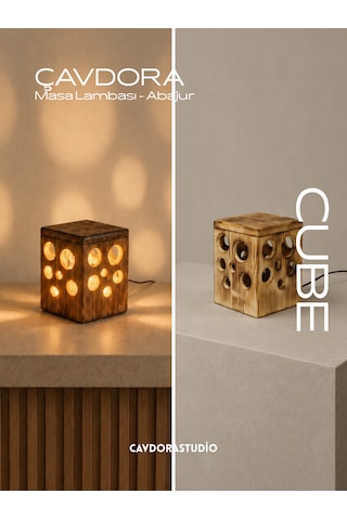 Masa Lambası - Abajur - Cube Yanık Ahşap