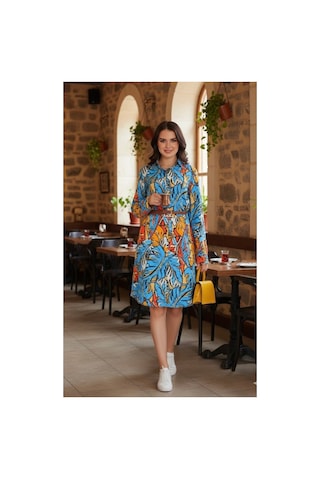 Polologin Butik Tropikal Desenli Mavi Gömlek Elbise Diğer