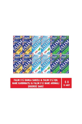 Falım Damla Sakızı & Işıl Nane Karbonatlı & Naneli Şekersiz Sakız 12 x 5'li