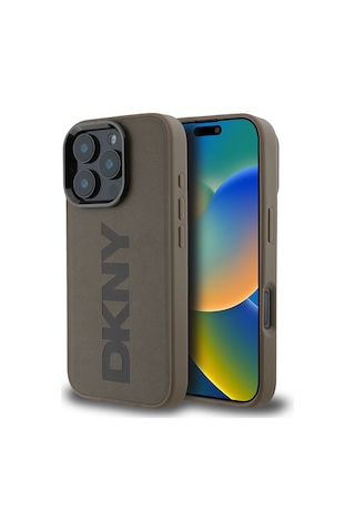 Apple iPhone 16 Pro Max Uyumlu Kılıf Dkny Lisanslı Magsafe Şarj Özellikli Pu Deri Plain Kapak Kahverengi