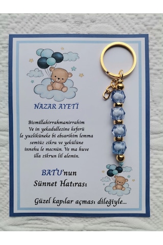 100 Adet Balonlu Ayı Kişiye Özel Nazar Ayeti Sünnet Hatırası Dağıtmalık Mavi Anahtarlık Hediyelik