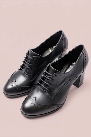 Analin Shoes Kadın Hakiki Deri Bağcıklı Oxford Topuklu Ayakkabı Siyah