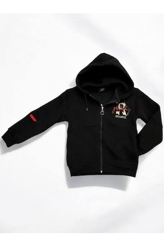 Erkek Çocuk 3 İplik Şardonlu Kapüşonlu Hırka-14842 Siyah