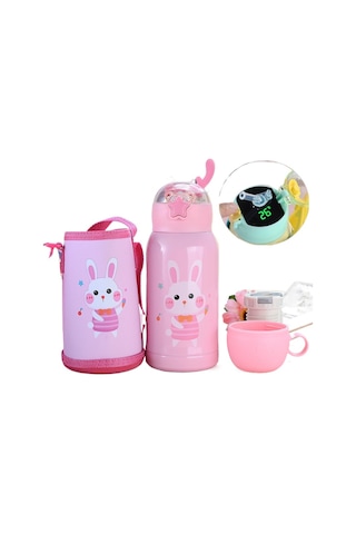 316 Kalite Paslanmaz Çelik Çocuklar İçin Bpa İçermeyen Soğuk Tutan Termal Yalıtımlı Led Işıklı Akıllı Termos Bardak 500 Ml Kapasiteli Pembe