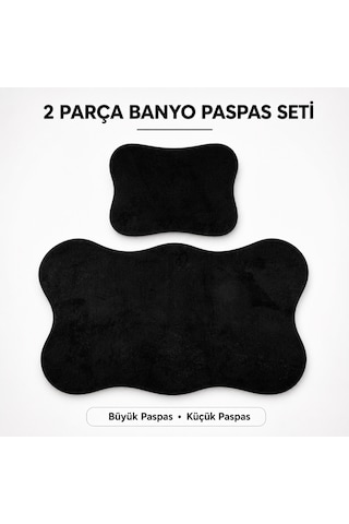 2 Li Banyo Paspası Halısı Seti Kaymaz Tabanlı Yıkanabilir Klozet Takımı Siyah