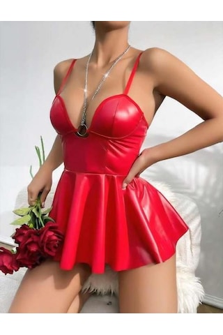 Kırmızı Parlak Lame Fantezı Deri Elbise Kırmızı