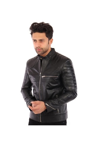 Hakiki Deri Siyah Erkek Deri Mont Omuz Çizgi Detaylı Üç Cepli Fermuarlı Deri Ceket Siyah