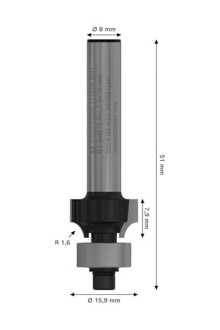 Bosch Pro 15.9x7.9mm R1.6 Ahşap Oluk Açma Freze Ucu 2608629681