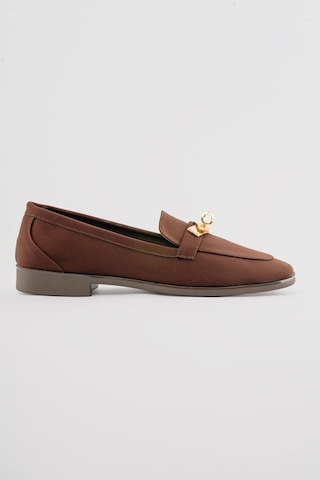 Kadın Nubuk Loafer Gold Tokalı Günlük Ayakkabı Elna Kahverengi Kahverengi