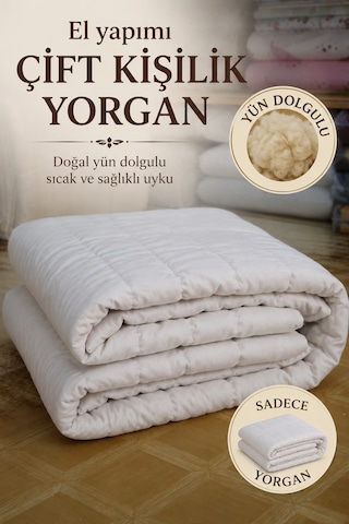 El Yapımı Yün Yorgan Battal Boy 200x220 %100 Koyun Yünü Beyaz