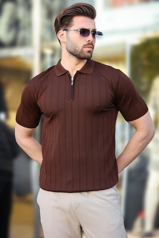 Madmext Madmext Kahverengi Polo Yaka Fermuarlı Erkek T-shirt E7298 Kahverengi