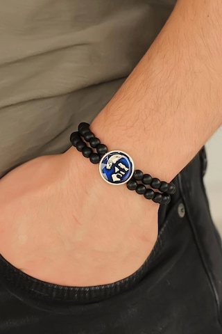 Atatürk Portre Figürlü Lacivert Metal Aksesuarlı Siyah Oniks Doğal Taş Erkek Bileklik Çok Renkli