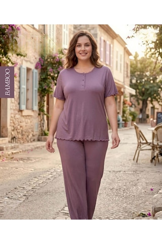 Derya Kadın Bambo Büyük Beden Düğme Yaka İnce Kısa Kol Pijama Takımı 7943 - 1 Adet Gülkurusu