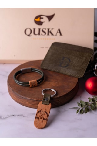 Quska Kişiye Özel İsimli El Yapımı Hakiki Deri Yeşil Kartlık+anahtarlık+bileklik Set - Grain Minimal Yeşil