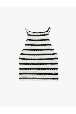 Koton Halter Yaka Kolsuz Kroşe Crop Bluz Siyah Çizgili 6sal30035ık
