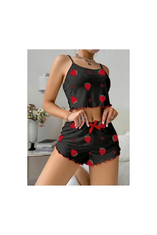 Lily Bianca Nightwear Askılı Göbek Kısmı Dekolteli Fiyonk Detaylı Ve Şortlu Penye Gecelik Siyah
