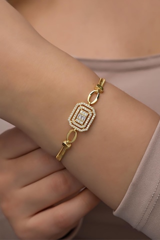 Nereze 925 Ayar Gümüş Gold Kaplama Balık Sırtı Zincirli Çerçeveli Baget Tektaş Bileklik