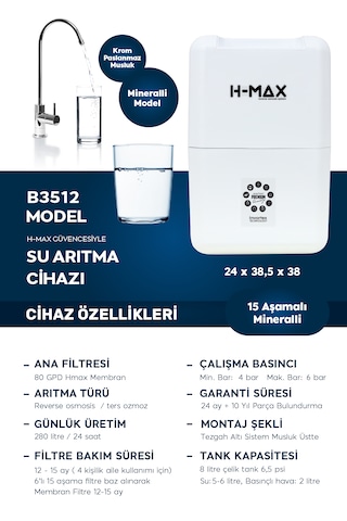 8l Çelik Tank 15 Aşama Multi Mineral 80gpd Su Arıtma Cihazı B3512