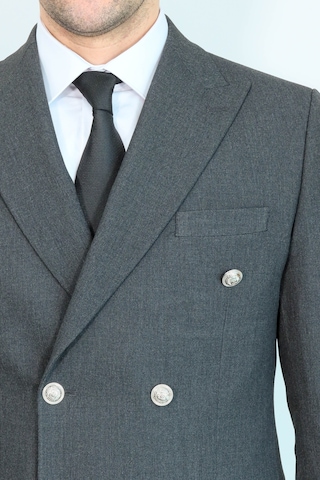 Gümüş Renk Metal Düğmeli Slim Fit Kruvaze Koyu Gri Erkek Takım Elbise Wessi Füme