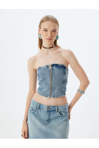 Koton Crop Üst Denim Fermuarlı Straplez Yaka Kolsuz Slim Fit Açık İndigo 4sal30055md Açık İndigo