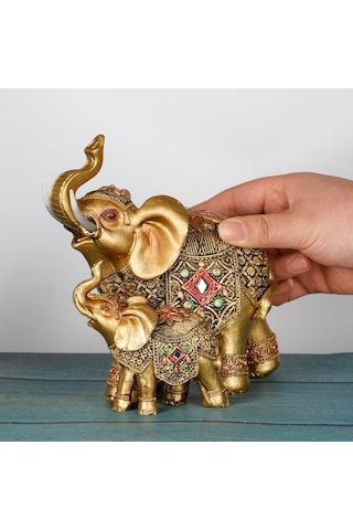 Lüks Nakış İşlemeli Anne Ve Yavru Fil Heykeli Feng Shui Şans Getiren Dekoratif Masaüstü Biblo 17 Cm. 08787364