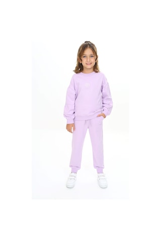 Toontoy Kids Toontoy Kız Çocuk 2'li Takım Baskılı Bisiklet Yaka Kolu Büzgülü Sweatshirt & Beli Paçası Lastikli Cepli Jogger Eşofman Altı - 2 İplik Lila