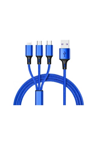 Hasır, 3 İn 1, Şarj Kablosu, Lightning & Micro Usb, Type-c, Ios, - Mavi
