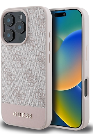 Apple Uyumlu iPhone 16 Pro Max Kılıf Guess Lisanslı Pu Deri Şerit Logo Dizaynlı Kapak Pembe