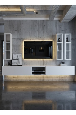 Resital Ledli Duvara Monte Tv Sehpası - Beyaz - W6003-1 Beyaz