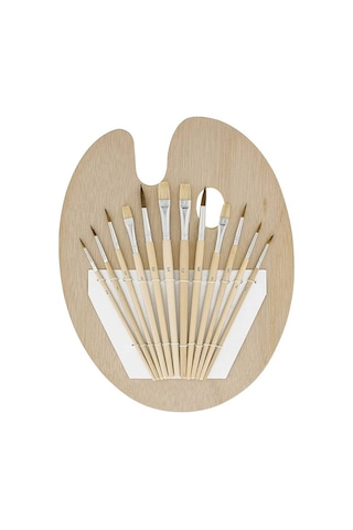 Ahşap Palet Oval Naturel 12 Li Resim Fırçası Seti 1 Paket Yuvarlak Ve Kesik Uçlu Boyama Fırçası Akrilik Yağlı Guaj Boya