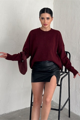 Femelle Kadın Bordo Standart Beden Oversize Basic Triko Kazak - 357bnd