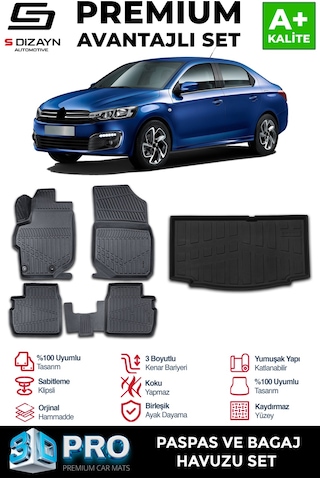S-dizayn Citroen C-elysee 3d Pro Havuzlu Paspas Ve Bagaj Havuzu Seti 2'li Set 2012-2017 A+ Kalite