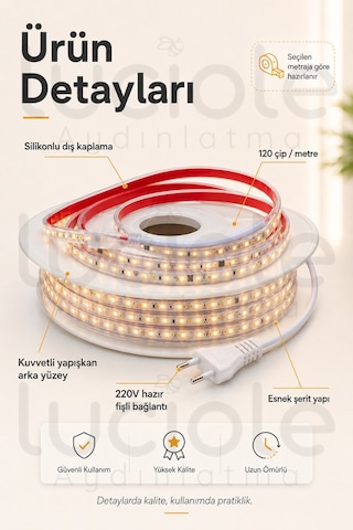 17 Metre 220v Günışığı Şerit Led Hazır Fişli Tak Çalıştır Silikonlu Yapışkanlı