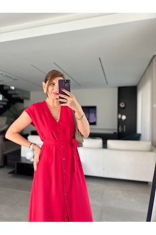 De'charme Kadınn V Yaka Düğme Detay Kuşak Dahil Elbise Kırmızı