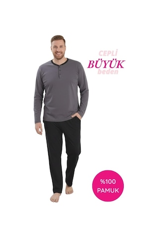 Seamlife Erkek Büyük Beden Bisiklet Yaka 3 Düğmeli Mevsimlik Uzun Kollu Pijama Takımı Siyah