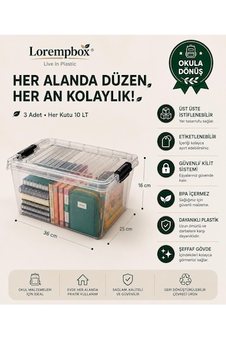 Lorempbox Çalışma Alanı Düzen Seti 3 Lü 10 Lt Şeffaf Saklama Kutusu