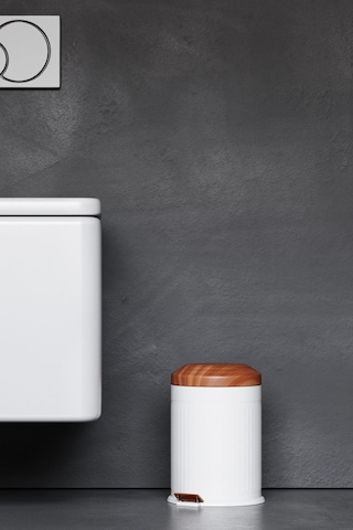 Zift Unique Paslanmaz Çelik Ahşap Kapak Desenli Vintage Çöp Kovası 5l Amortisör Yavaş Kapak Banyo-mutfak Kovalı Beyaz