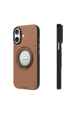 Apple Uyumlu iPhone 17 Kılıf M-safeli 360 Standlı Basit Mat Deri Desenli Youngkit Tech Leather Kapak Kahverengi Kahverengi