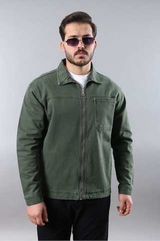 Erkek Regular Fit Haki Spor Model Fermuarlı Kot Ceket Haki