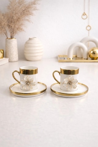2 Li Gold Yaldızlı Porselen Lotus Çiçek Kahve Fincan Takımı 100ml Beyaz