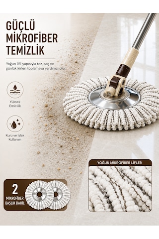 Tekerlekli Spin Mop Seti- Pedallı Sıkma Hazneli, Mikrofiber Başlıklı Ve Teleskopik Saplı Temizlik Seti